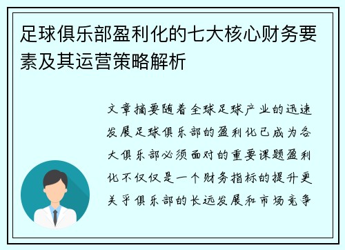 足球俱乐部盈利化的七大核心财务要素及其运营策略解析