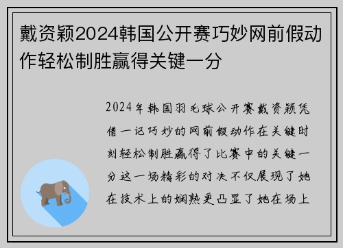 戴资颖2024韩国公开赛巧妙网前假动作轻松制胜赢得关键一分